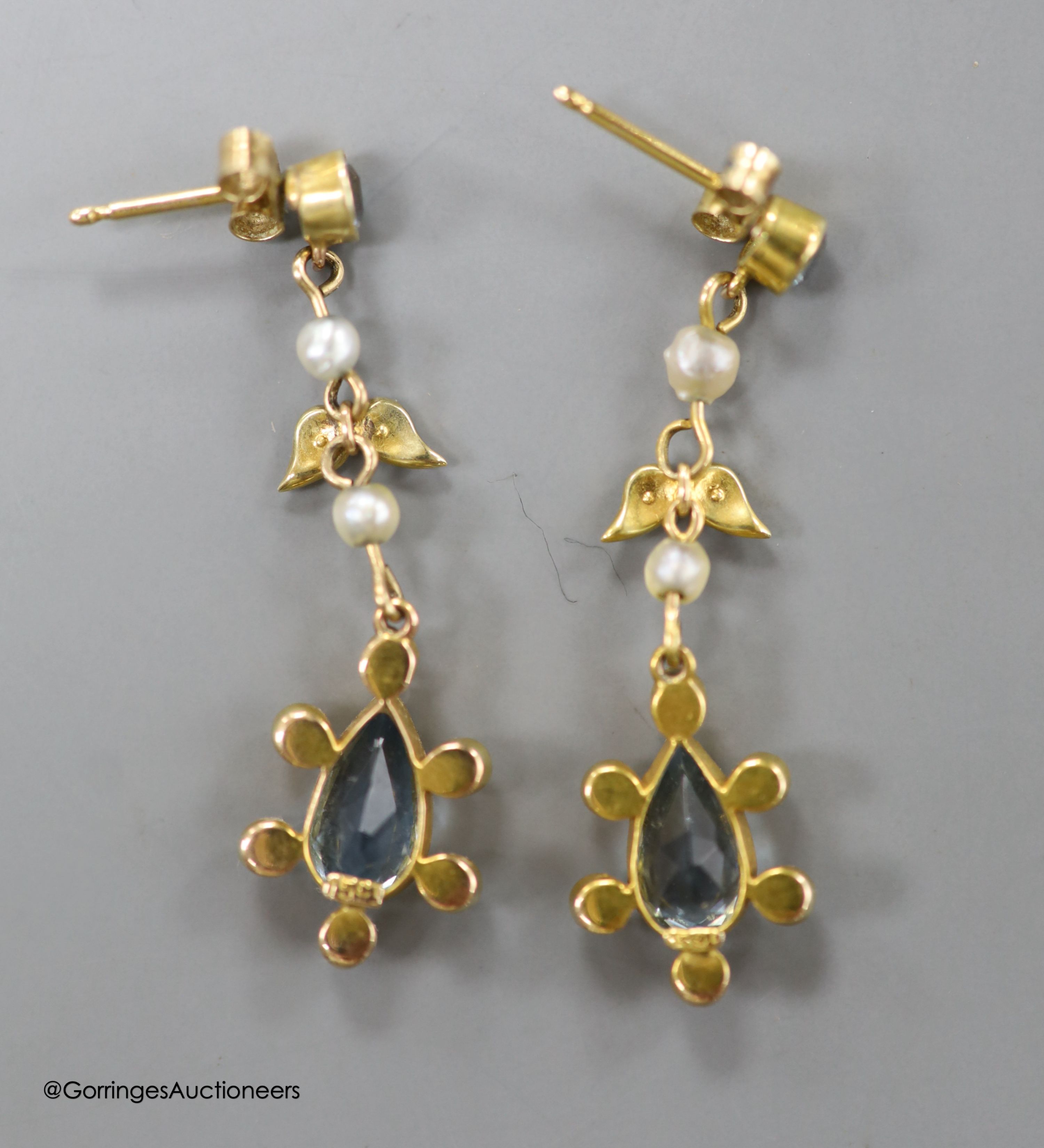 A pair of late Victorian 15ct, aquamarine and seed pearl set drop earrings, 33mm